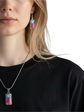 Hand Crafted Pink Blue Tree Glass Pendant Necklace Earrings Set NWT
